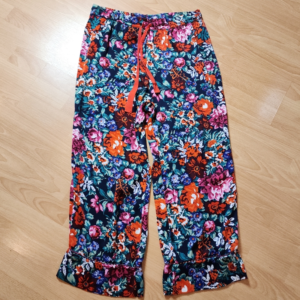 Anthropologie Stretch Satin Vibrant Floral Pull On Pajama Lounge Pants Size L